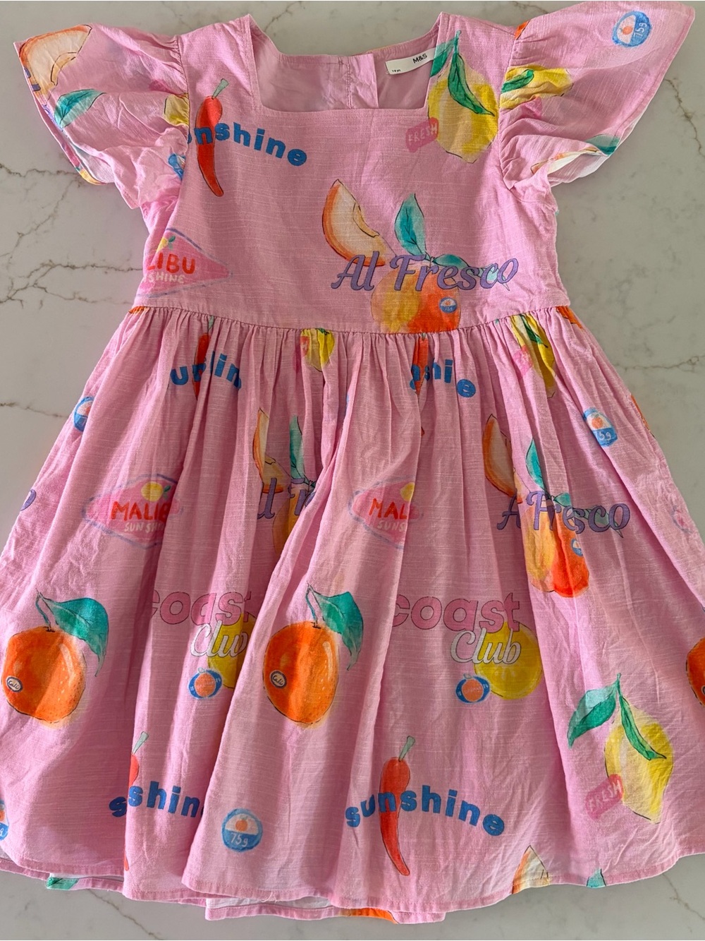 Marks & Spencer Girls Pink Fruit Print Dress 7-8 Flutter Sleeve